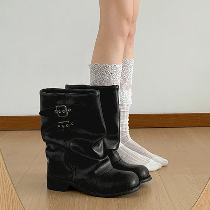 Vintage Thick Heel Women Western Ankle Boots Eelgant Belt Buckle Shoes Ladies Cosy Soft Leather Short Booties