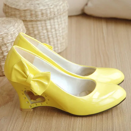 New Fashion Bow Women Leather Shoes 2025 Spring Autumn Comfortable Pointed Shallow Mouth Wedges Shoe Patent Leather High Heels