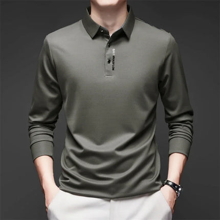 New Men's Business Casual Long Sleeved Shirt with Badge Solid Color Polo Shirt Fashionable Breathable - product image 3
