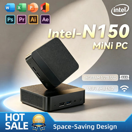 Compact Intel N150 Mini PC Multiple Configurations  NVMe SSD WiFi6 Triple 4K Silent Desktop for Home Office Media Editing