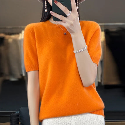 First-line ready-to-wear 100% Merino wool knitted short-sleeved women's loose solid color slim commuter five-point cuff T-shirt