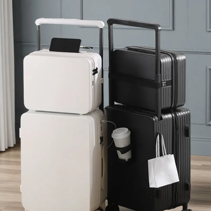 20+14'24+14' Luggage Set with USB & Cup Holder TSA Lock 360° Wheels Side-standing Foot Hook PC+ABS Suitcase Foldable Travel Case