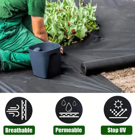 Gardener laying fabric beside breathable, permeable, and UV-stop icons