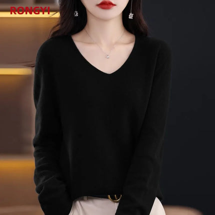 Sweater 100% Merino Wool Knitwears Autumn Winter Cashmere Knitted V-Neck Pullover Solid Jumper Clothing Tops