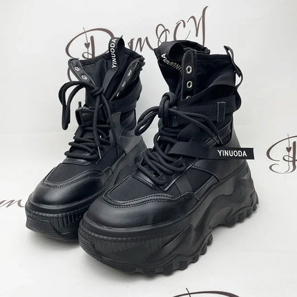 White Chunky Platform Motorcycle Boots Women Buckle Lace Up Thick Bottom Ankle Boots Woman 2024 Autumn Fashion Vulcanized Shoes