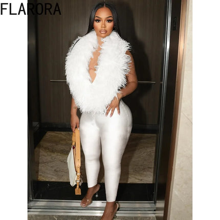 FLARORA Sexy Faux Fur Jumpsuits Woman Halter Deep V Neck Sleeveless Backless Bodycon One Piece Playsuits Elegant Party Clubwear