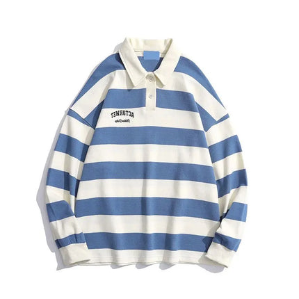 Polo Shirts Male Large Size Retro Striped Contrast Color Polo Collar Sweater Men's Autumn Loose Coat Long Sleeves Buttons Tops