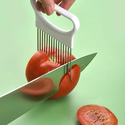 Effortlessly Slice Onions With This 1pc Colorful Onion Slicer Kitchen Stainless Steel Potato Chip Onion Holder - product imag
