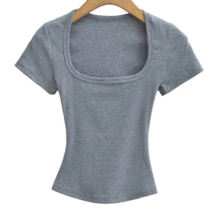 Square Collar High Stretch Summer Crop Tops Women Short Sleeve Tops Sexy Pullover Bottoming Blouses Slim T-shirt