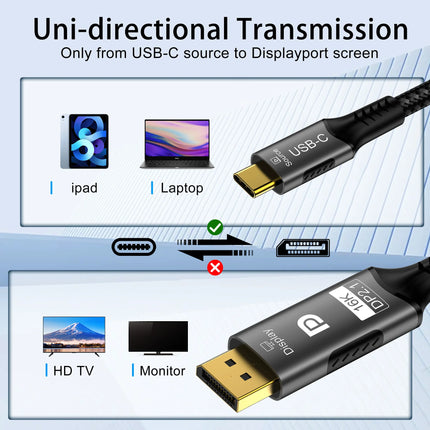 USB C to DisplayPort 16k 2.1 Cable One-way 8K@60Hz 4K@144Hz 80Gbps (DSC) Type-C to DP2.1 Cable For MacBook Pro/Air Laptop Phone