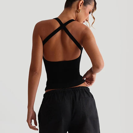 Ribbed Casual Tank Tops Woman Low-Neck Cross Strap Skinny Backless Navel Exposed Hot Girls High Street Style Classic Tops