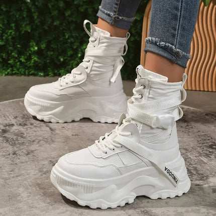 White Chunky Platform Motorcycle Boots Women Buckle Lace Up Thick Bottom Ankle Boots Woman 2024 Autumn Fashion Vulcanized Shoes