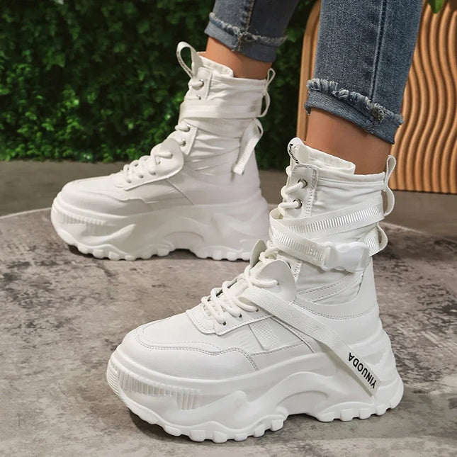 White Chunky Platform Motorcycle Boots Women Buckle Lace Up Thick Bottom Ankle Boots Woman 2024 Autumn Fashion Vulcanized Shoes
