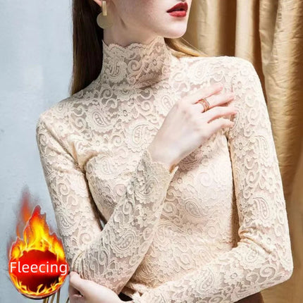 Autumn Winter High Neck Lace Long Sleeve Thick & Thin Fleece Basics Tops Elegant T-Shirt Trend Slim Sexy