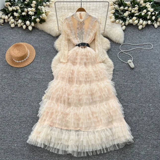 Elegantes Tortenkleid Frühjahrskleidung Damen Langarm Rundhals Maxikleid Abendparty Club Ballkleid Mesh-Kleid Vestidos
