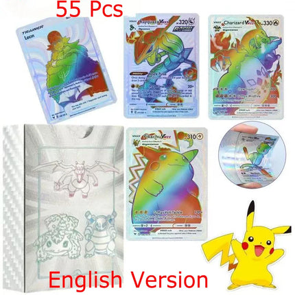 55Pcs Pokemon Cards Gold Foil Golden Letters English Version Rainbow Vmax EX GX Black Silver Card Pikachu Batt Series Gifts