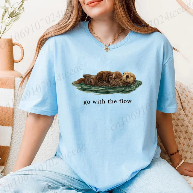 Go with The Flow Shirt,Niedliche Otter Print Damen T-Shirts,Seeotter Liebhaber Geschenk,Vintage Natur Grafik T-shirt,Ozeanleben T-Shirts