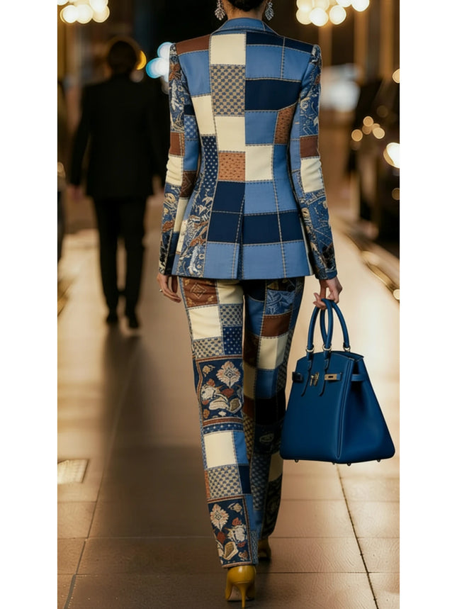 Women's Three Piece Patchwork Printed Lapel Blazer Vest Wide Leg Pants For Business Dinner Street Fashion Occasions