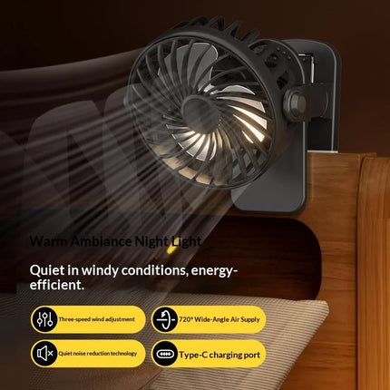 HOMEFISH Portable Rechargeable Clip Fan 720° Rotatable Hanging Fan with Night Light Air Cooler for Outdoor Camping Ventilador