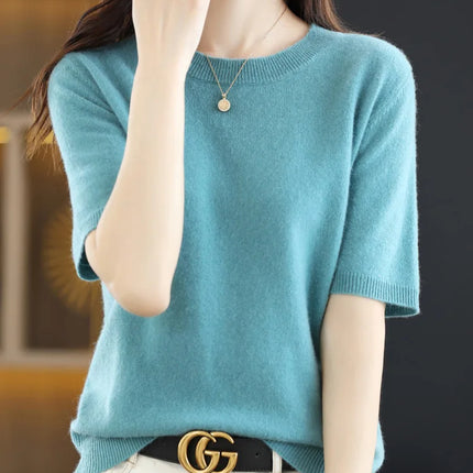 Short-sleeved Knitwear O-neck T-shirt Wool Cotton Blend Pullover Vest Sprig Summer Bottoming Tops Sweater