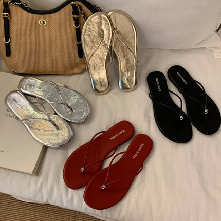 Korean Style Thin Strap Herringbone Flip-flops Summer Sandals 2026 New Anti-slip Lightweight Flat Fashion Toe-post Slippers