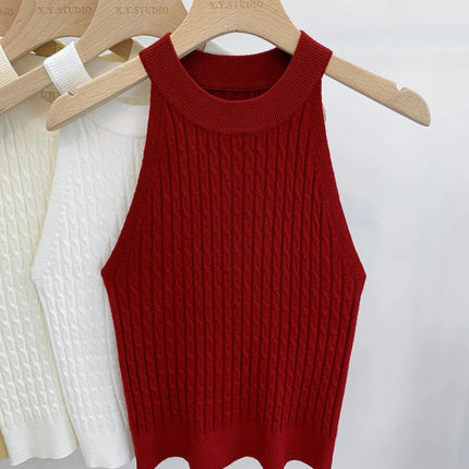2026 Summer New Women's Knitted Halter Camisole Slim Fit Sleeveless Base Tank Tops Solid Color O-neck Outerwear Vests Crop Tops