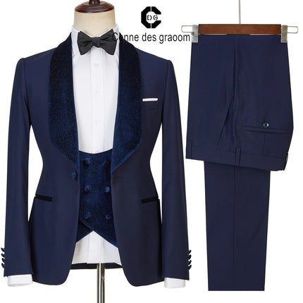 Cenne Des Graoom 2022 New Design Navy Blue Shiny Velvet Lapel Suits For Men GiftWedding Party Blazer Vest Trousers 3 Pieces Set