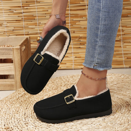 Women Winter 2026 Ankle Booties Buckle Strap Fleece Lined Warm Slip On Short Boots Non-slip Flat Casual Cotton Shoes For Ladies