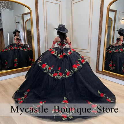 Black Mexican Red Roses Embroidery Quinceanera Dress Ball Gown 2026 Off The Shoulder Sweet 15 16 Dress Birthday Gown Customized