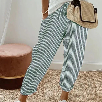 European and American Cross border Women's Summer New Fashionable Loose Stripe Printed Elastic Waist Drawstring Casual Pants
