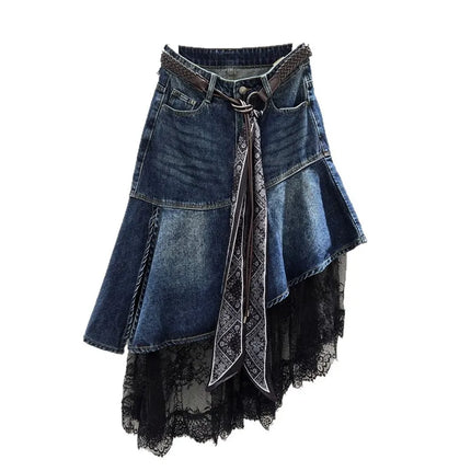 Denim Skirt Women Asymmetrical Skirts Patchwork Lace Vintage High Waist Belt Washed Distressed Streetwear Spring Summer 2026
