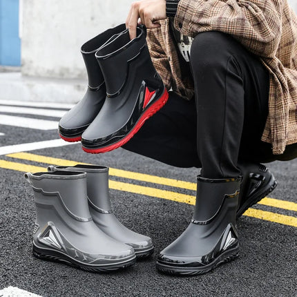 2026 Men's new short tube water boots, waterproof shoes, anti slip thick soled rain boots, outdoor work rain boots