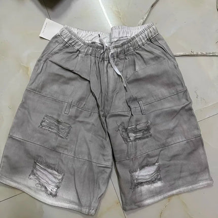Retro Hip-hop Men's Ripped Jeans Summer American Casual Fashion Loose Street Style Washed Patchwork Male Hollow Out Shorts