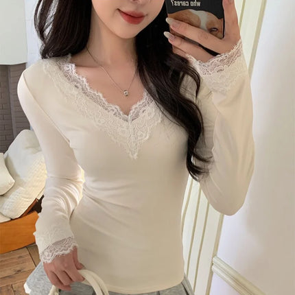 French Lace Spliced Long Sleeve V Neck Shirt Slim Fit Casual Blouse Basic Autumn Top Regular Shoulder