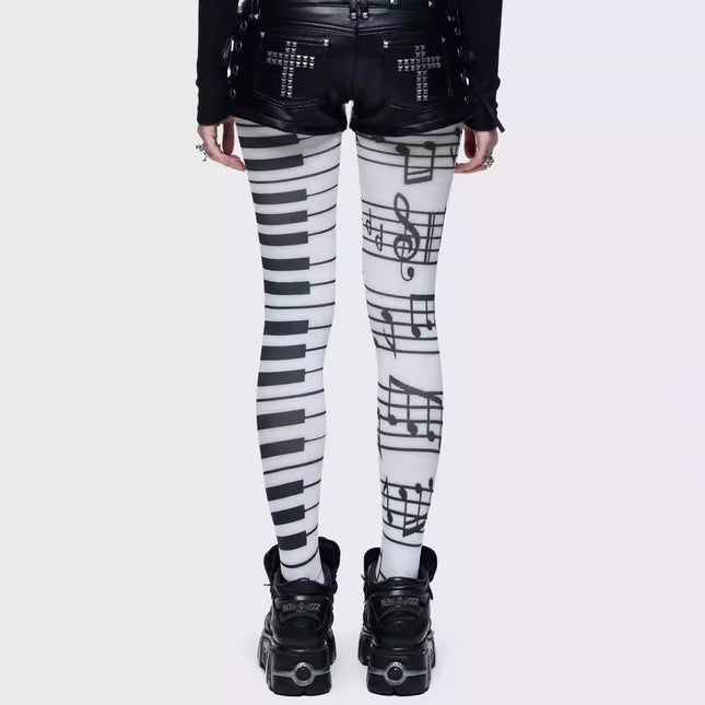 Frühlings-Damenstrümpfe mit Noten-Print im Harajuku-Stil, Y2K-Vintage-Klaviertasten-Elemente, modische Strumpfhosen, coole Mädchen-Accessoires