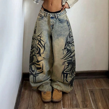 2026 Summer New Vintage Mud Fade Jeans Side Abstract Tribal Print High Waist Loose Wide Leg Euro American Daily Casual Pants