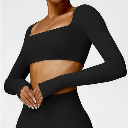 Hearuisavy Summer Casual Quick Dry Sportswear Women Square Neck Gym Top Women Fitness Sports Crop Top Long Sleeve Yoga Clothing