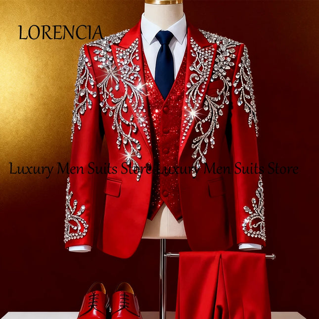 Exquisite Kristallanzüge für Herren 3-teilig Einreihige Smokings Hochzeitsfeier-Outfits Maßgeschneiderter Blazer Hosen Herren-Set