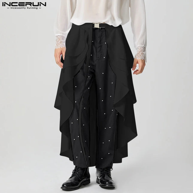 INCERUN American Style Hosen Stylische Herren Rüschen Doppellagige Halb-Rockhose Legere Clubwear Herren Einfarbige Schnürhose