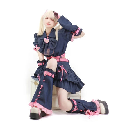 2024 Denim Sweetheart Y2k Set Japanese Kawaii Lolita Women Campus Style Dress Sets Black Harajuku Four-piece Mini Skirts Sets