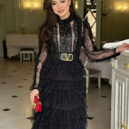 Elegant Cake Dress Spring Clothing Women Full Sleeve O-neck Maxi Long Dresses Evening  Party Club Ball Gown Mesh Dress Vestidos
