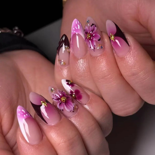 Juego de uñas de almendra doradas de longitud media de 24 piezas, de presión, con flores 3D, degradado rosa, cobertura completa, puntas de uñas postizas, perlas, uñas falsas reutilizables
