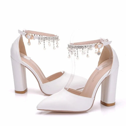 Maogu Woman Wedding High Heels Elegant Medium Heel Women's Shoes 2023 Pearl Rhinestone Ladies White Pumps Crystal Buckle Strap