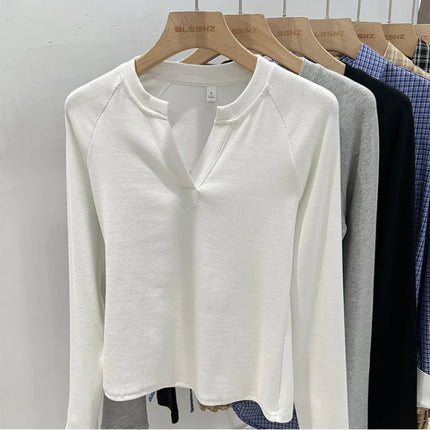 Basic Style Slim Fit V-Neck Long Sleeve T-Shirt Korean Style Versatile Simple Base Layer Top Casual Tee for