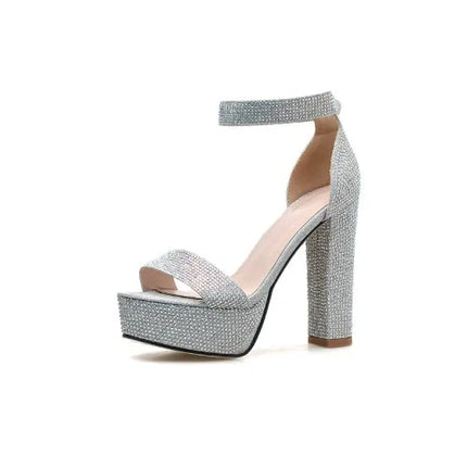 Sexy High Heels Platform Sandals For Women Silver Fashion Open Toe Crystal Buckle Thick Heel Wedding Party Female Designer Shoes