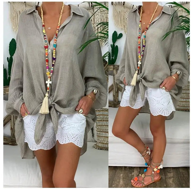 Sommer Langarmshirt Damen Knöpfe Locker Freizeit Hemd Strandmode Top Badeanzug Überwurf Einfarbig Locker Hemden Damenbekleidung
