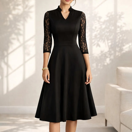 Sexy V-Neck Lace 2/3 Sleeve Summer Work Office Knee Length Base Show Thin Temperament Fit And Flare Swing