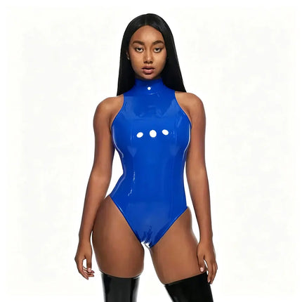 Sexy Sleevess Faux Latex Bodysuits Women Wet Look Patent Leather Bodysuits High Neck Stretch PU Bodycon Bodyduits Clubwear New