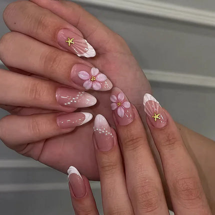 24pcs Pink Flower Almond Press on Nails Kawaii False Nails Wearable Stick-on Nails Fake Nail Uñas Postizas Накладные Ногти 네일팁