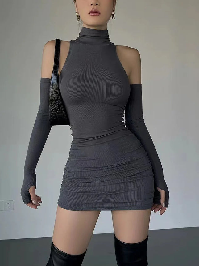 Ruched Bodycon Dress Turtleneck Mini Dresses With Sleeves Autumn Black Skinny Stretchy Party Y2K Clothing
